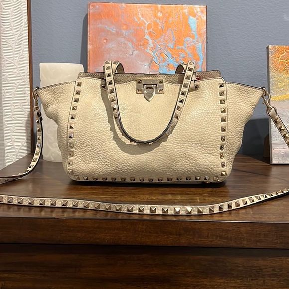Valentino Garavani Handbags - Valentino Garavani Mini Rockstud Grainy Pebbled Calfskin Tote Ivory